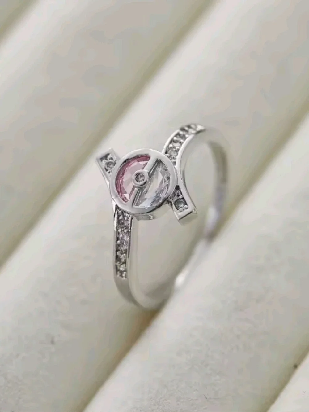 Pokemon Pokeball Crystal Ring Silver Tone Anime Jewelry Size 8